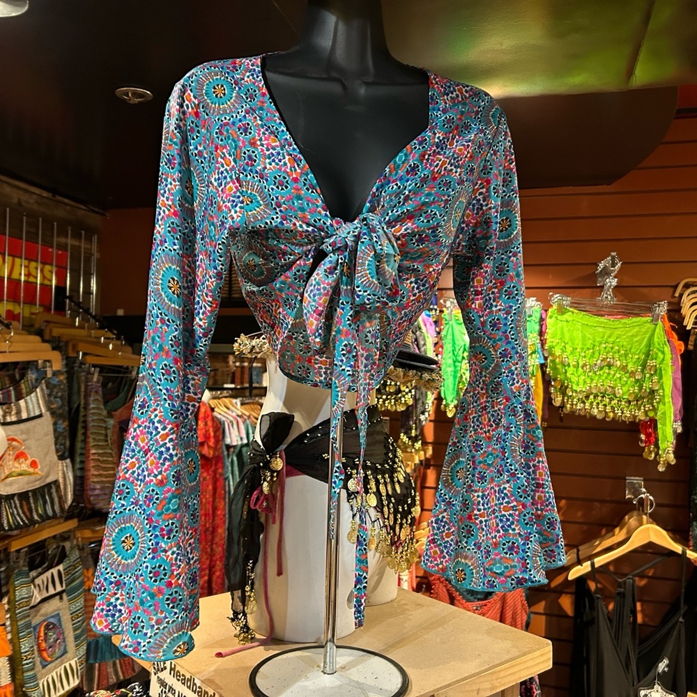 Bohemian Tie-Front Blouse - Multicolor Long Sleeve Crop